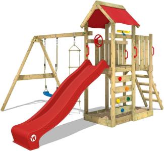 WICKEY Spielturm Klettergerüst MultiFlyer mit Schaukel & roter Rutsche, Kletterturm mit Sandkasten, Leiter & Spiel-Zubehör
