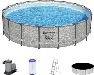 Steel Pro MAX™ Frame Pool Komplett-Set mit Filterpumpe Ø 549 x 122 cm, Steinwand-Optik (Cremegrau), rund