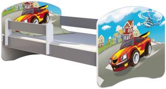 ACMA Kinderbett Jugendbett mit Einer Schublade und Matratze Grau mit Rausfallschutz Lattenrost II (03 Racing Car, 140x70)