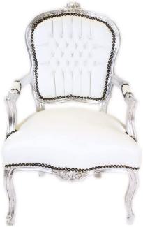 Casa Padrino Barock Salon Stuhl Weiß / Silber - Handgefertigter Antik Stil Stuhl mit edlem Kunstleder - Möbel im Barockstil - Barock Möbel - Barock Einrichtung