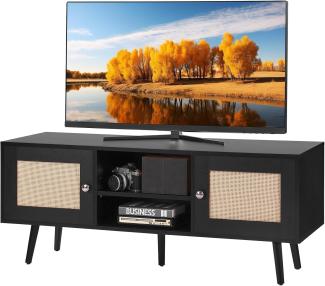 VEVOR Rattan-TV-Ständer, Fernsehschrank Boho-TV-Schrank für 140 cm Fernseher, Retro-TV-Ständer, Rattan-TV-Konsole mit verstellbaren Regalen & 2 Türen, für Wohnzimmer, Medienraum, Schwarz