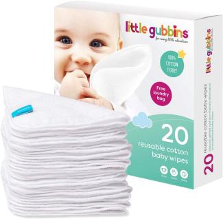Little Gubbins 20 Baumwoll-Frottee-Baby-Tücher | Packung mit 20 cm x 20 cm wiederverwendbaren, weichen weißen Frotteetüchern | ideal für schmutzige Po