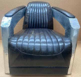 Casa Padrino Luxus Art Deco Leder Sessel Dunkelbraun / Silber - Aluminium Wohnzimmer Sessel mit Echtleder - Lounge Sessel - Flugzeug Flieger Echtleder Möbel
