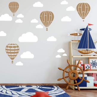 Heißluftballon & Wolken Aufkleber Wandtattoo Himmel | Wandbild 6x DIN A4 Bögen | Sticker Kinder Kinderzimmer Deko Ballons (Hellbraun)