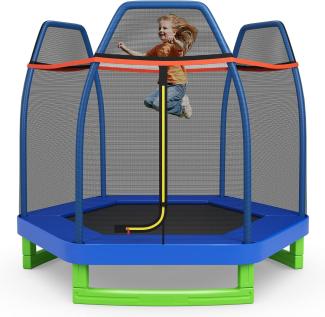 COSTWAY 223 cm Kinder-Trampolin mit Sicherheitsnetz und Federkissen, Outdoor- / Indoor-Trampolin für Kleinkinder mit verzinktem Stahlrahmen, für Jungs und Mädchen Blau