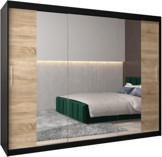 Kryspol Schwebetürenschrank Tokyo 2-250 cm mit Spiegel Kleiderschrank mit Kleiderstange und Einlegeboden Schlafzimmer- Wohnzimmerschrank Schiebetüren Modern Design (Schwarz + Sonoma)