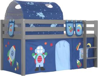 Vipack Spielbett 'Pino' grau mit Textilset Vorhang, Tunnel und 3 Taschen 'Astro'