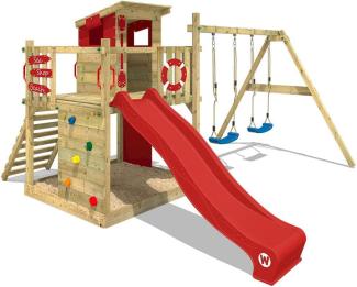 WICKEY Spielturm Klettergerüst Smart Camp mit Schaukel & roter Rutsche, Baumhaus mit Sandkasten, Kletterleiter & Spiel-Zubehör