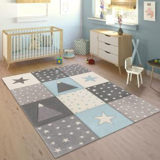 Kinderteppich Teppich Kinderzimmer Junge Mädchen Pastell Modern Kariert Punkte Mond Sterne Weiß Grau Blau, Grösse:Ø 120 cm Rund