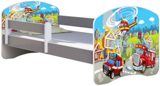 ACMA Kinderbett Jugendbett mit Einer Schublade und Matratze Grau mit Rausfallschutz Lattenrost II (36 Feuerwehr, 140x70)