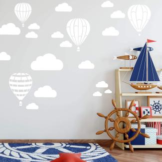 Heißluftballon & Wolken Aufkleber Wandtattoo Himmel | Wandbild 6x DIN A4 Bögen | Sticker Kinder Kinderzimmer Deko Ballons (Weiss)