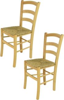 Tommychairs - 2er Set Stühle Venice für Küche und Esszimmer, robuste Struktur aus lackiertem Buchenholz im Farbton Naturfarben und Sitzfläche aus Stroh