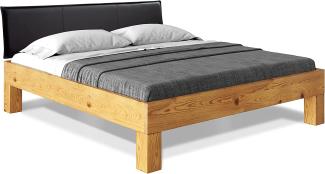 Möbel-Eins CURBY 4-Fuß-Bett mit Polster-Kopfteil, Material Massivholz, rustikale Altholzoptik, Fichte natur 200 x 220 cm Standardhöhe Kunstleder Schwarz ohne Steppung