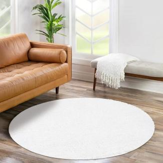 carpet city Shaggy Hochflor Teppich - Rund 160 cm - Weiß - Langflor Wohnzimmerteppich - Einfarbig Uni Modern - Flauschig-Weiche Teppiche Schlafzimmer Deko