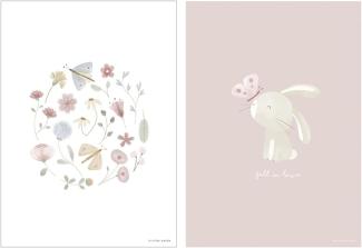 Little Dutch Flowers & Butterflies Poster Pink A3 Rosa