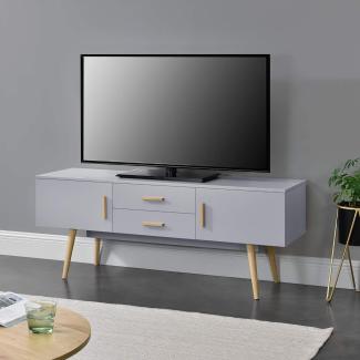 Fernsehtisch Alavus 140x40x56 cm mit 2 Schranktüren und Schubladen Lichtgrau en. casa
