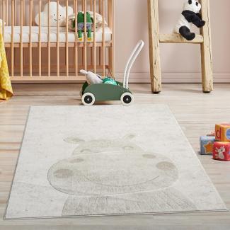 Kinderteppich Creme, Beige - 120x160 cm - Tier-Motiv Nilpferd - Kurzflor Teppiche Kinderzimmer, Spielzimmer