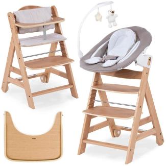 Hauck Beta Plus Newborn Set Deluxe - Baby Holz Hochstuhl ab Geburt mit Liegefunktion - inkl. Aufsatz für Neugeborene, Sitzpolster, Tisch - mitwachsend, verstellbar - Natur