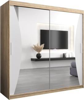 Kryspol Schwebetürenschrank Monaco 200 cm mit Spiegel Kleiderschrank mit Kleiderstange und Einlegeboden Schlafzimmer- Wohnzimmerschrank Schiebetüren Modern Design (Sonoma + Weiß)