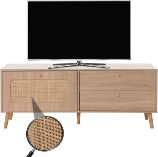 TV-Rack HWC-M38, Lowboard Fernsehtisch TV-Schrank Kommode, Schublade Türe, Kubu Rattan Holz 56x140x41cm Eiche-Optik