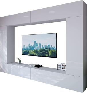 Domando Wohnwand Imperia M5 Modern für Wohnzimmer Breite 300cm, variabel hängbar, Push-to-open-System, LED Beleuchtung in weiß, Hochglanz in Weiß Matt und Weiß Hochglanz