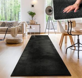 Paco Home Waschbarer Teppich Wohnzimmer Schlafzimmer Kurzflor rutschfest Flauschig Weich Moderne Einfarbige Muster, Grösse:80x300 cm, Farbe:Schwarz