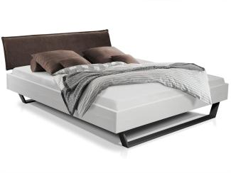 Möbel-Eins LUKY Kufenbett mit Polsterkopfteil, Material Massivholz, Fichte massiv, Kufen schwarz weiss 90 x 220 cm Stoff Braun