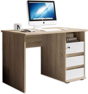 PRIMUS 1 Schreibtisch mit Schubladen, Sonoma Eiche Optik / Weiß - Bürotisch Computertisch fürs Homeoffice mit Stauraum und offenem Ablagefach - 110 x 75 x 65 cm (B/H/T)