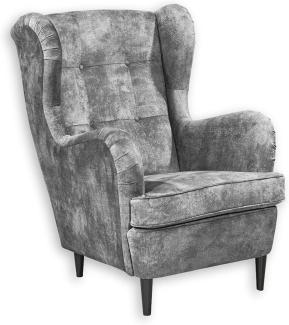 OSKAR 3 Ohrensessel mit geknöpfter Polsterung, Grau - Vintage Wohnzimmer Sessel mit Massivholz Füßen - 78 x 102 x 98 cm (B/H/T)