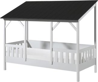 Hausbett Set inkl. Rolllattenrost und Matratze, Liegefläche 90 x 200 cm, Ausf. weiß teilmassiv Dach in Schwarz