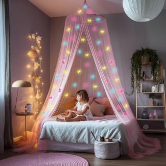 Rosa Betthimmel mit vorgeklebten leuchtenden Einhörner - Prinzessinen Moskitonetz für Mädchen Zimmerdekoration - Himmelbett Vorhänge für Kinder und Baby Bett