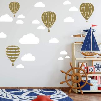 Heißluftballon & Wolken Aufkleber Wandtattoo Himmel | Wandbild 6x DIN A4 Bögen | Sticker Kinder Kinderzimmer Deko Ballons (Gold)
