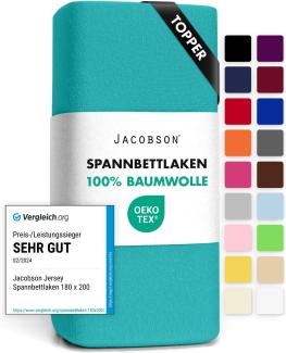 Jacobson Jersey Spannbettlaken Spannbetttuch Baumwolle Bettlaken (Topper 180-200x200 cm, Türkis)