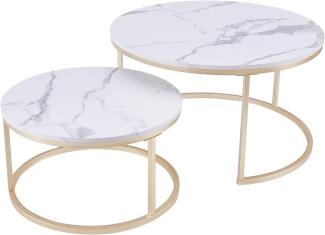 Huuryoudo Couch Tisch, Couchtisch 2er Set Rund Tisch Wohnzimmer Rund mit Metallgestell Beistelltisch Weiss Modern Satztische fürs Wohnzimmer, Weiß Gold Marmor Optik