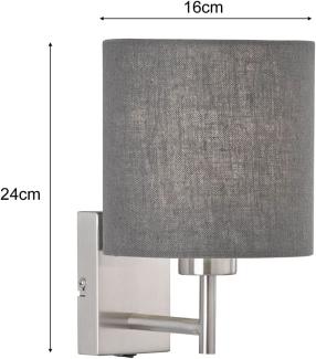 Kleine LED Wandleuchte Silber mit Schalter & Stoffschirm Grau rund