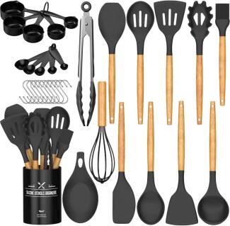 Umite Chef Küchenutensilien-Set, 24-teilig, antihaftbeschichtetes Silikon, Pfannenwender mit Halter, Holzgriff, hitzebeständig, BPA-frei, Küchenutensilien-Set Schwarz Grau 24 Stück