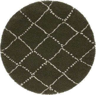 Hochflor Teppich Hash Olivgrün Creme - 160 cm Durchmesser