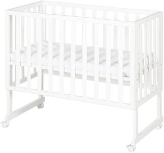 Roba Stuben- und Beistellbett safe asleep 3 in 1 - 45 x 90 cm - Höhenverstellbar - Komplettes Anstellbett mit Matratze + Canvas Barriere - Bett Set für Babys - Holz weiß