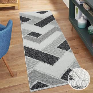 carpet city Teppich-Läufer Kurzflor Flur - Grau - 80x300 cm - Teppiche Fransen Boho-Style - Geometrisches Muster - Schlafzimmer, Wohnzimmer