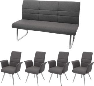 Set 4x Esszimmerstuhl+Sitzbank HWC-G55, Bank Küchenstuhl Stuhl+Armlehne, Stoff/Textil Edelstahl ~ grau-braun Bank 160cm