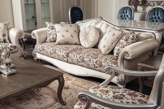 Casa Padrino Luxus Barock Sofa Creme / Beige / Silber 230 x 84 x H. 99 cm - Edles Wohnzimmer Sofa mit Blumenmuster und dekorativen Kissen