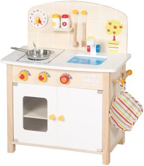 roba Spielküche, Kinderküche aus Holz, weiß/natur, Spielzeug-Küchenzeile mit 2 Kochstellen, Spüle, Wasserhahn & Zubehör