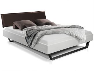 Möbel-Eins LUKY Kufenbett mit Polsterkopfteil, Material Massivholz, Fichte massiv, Kufen schwarz weiss 140 x 200 cm Stoff Braun