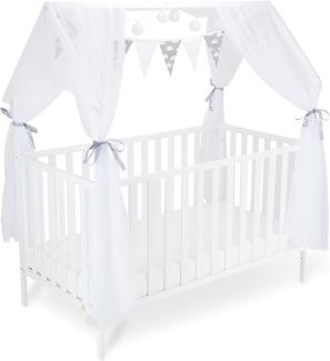 FabiMax Kinderbett Hausbett Schlafmütze, 70x140 cm, aus Kiefernholz weiß lackiert, mit grau/weißer Deko