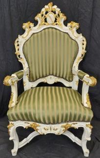 Casa Padrino Barock Thron Sessel mit Streifen Grün / Weiß / Gold - Handgefertigter Massivholz Sessel im Barockstil - Antik Stil Sessel - Antik Stil Möbel - Barock Möbel - Edel & Prunkvoll
