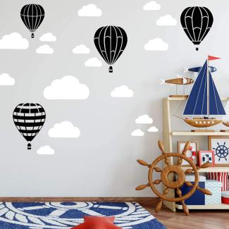 Heißluftballon & Wolken Aufkleber Wandtattoo Himmel | Wandbild 6x DIN A4 Bögen | Sticker Kinder Kinderzimmer Deko Ballons (Schwarz)