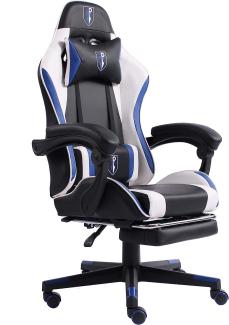 Gaming Chair im Racing-Design mit flexiblen gepolsterten Armlehnen - ergonomischer PC Gaming Stuhl in Lederoptik - Gaming Schreibtischstuhl mit ausziehbarer Fußstütze und extra Stützkissen Schwarz/Weiß-Blau