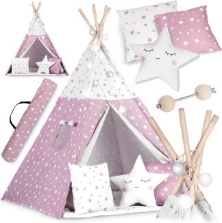 NUKIDO Kindertipi im Montessori-Stil Baumwolle und Holzrahmen mit Isoliermatte 3 Kissen Girlande Luftig 120x120x165 cm Rosa mit Sternen