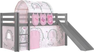 Vipack Spielbett 'Pino' inkl. Rutsche grau, mit Textilset Vorhang, Tunnel und 3 Taschen 'Birdy'