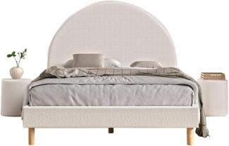 MOON-Set Polsterbett mit Liegefläche 140 x 200 cm, inkl Lattenrost und 2 Polsterhocker/Nachttischen, Bezug trendiger Boucle Stoff in Weiß